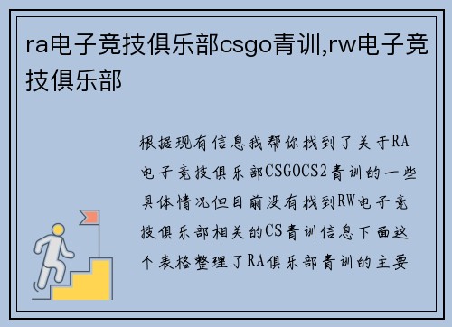 ra电子竞技俱乐部csgo青训,rw电子竞技俱乐部