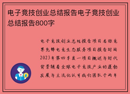 电子竞技创业总结报告电子竞技创业总结报告800字